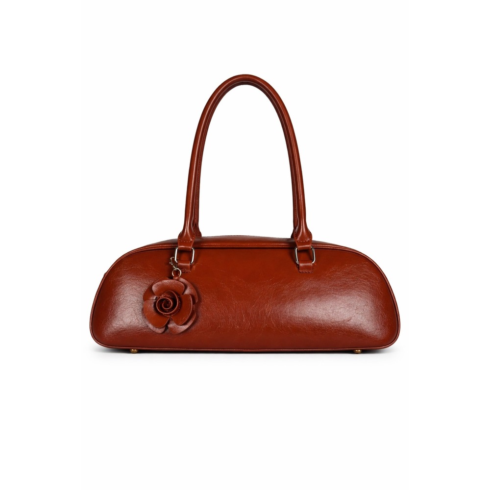 Vintage Style Cognac Brown Baguette Shoulder Bag with Rose Charm Floral Detail